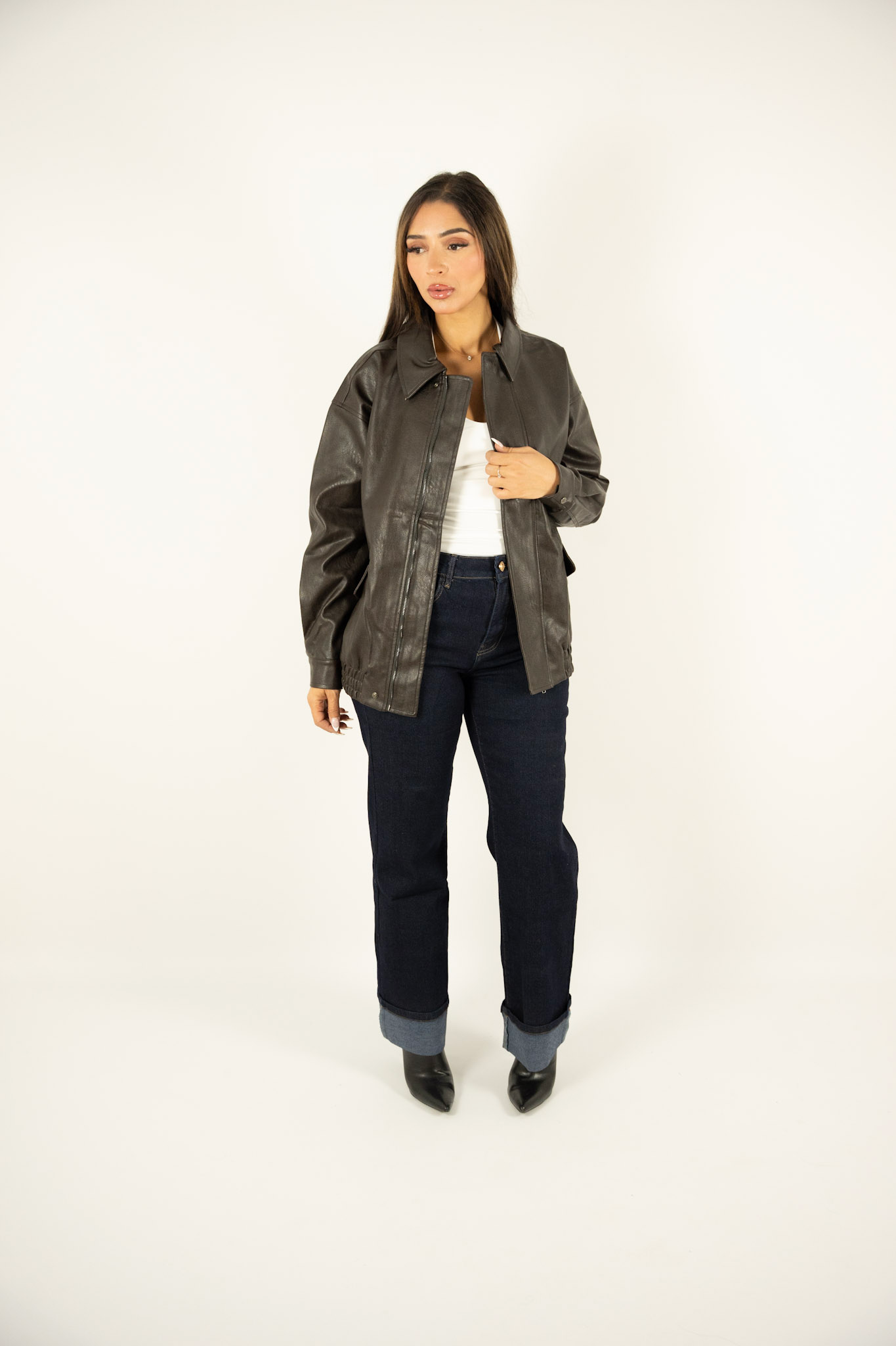 Bombers chocolat effet cuir – Coupe droite