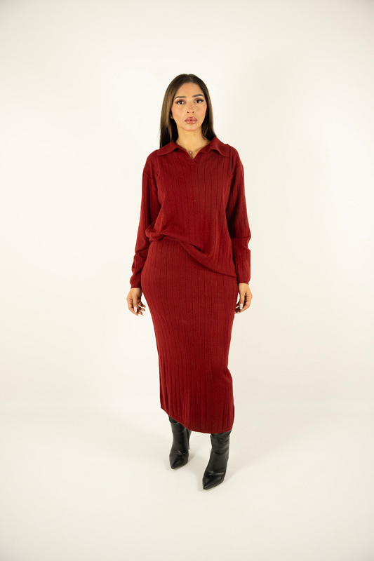 Ensemble bordeaux en maille – Pull col polo & Jupe longue