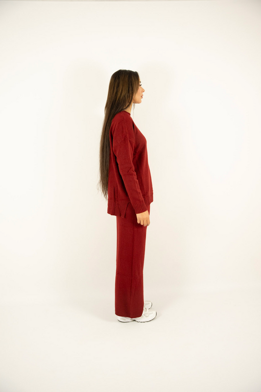 Ensemble en maille bordeaux – Pull & Pantalon large