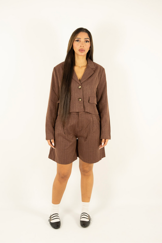Ensemble chocolat effet tweed – Veste & Short