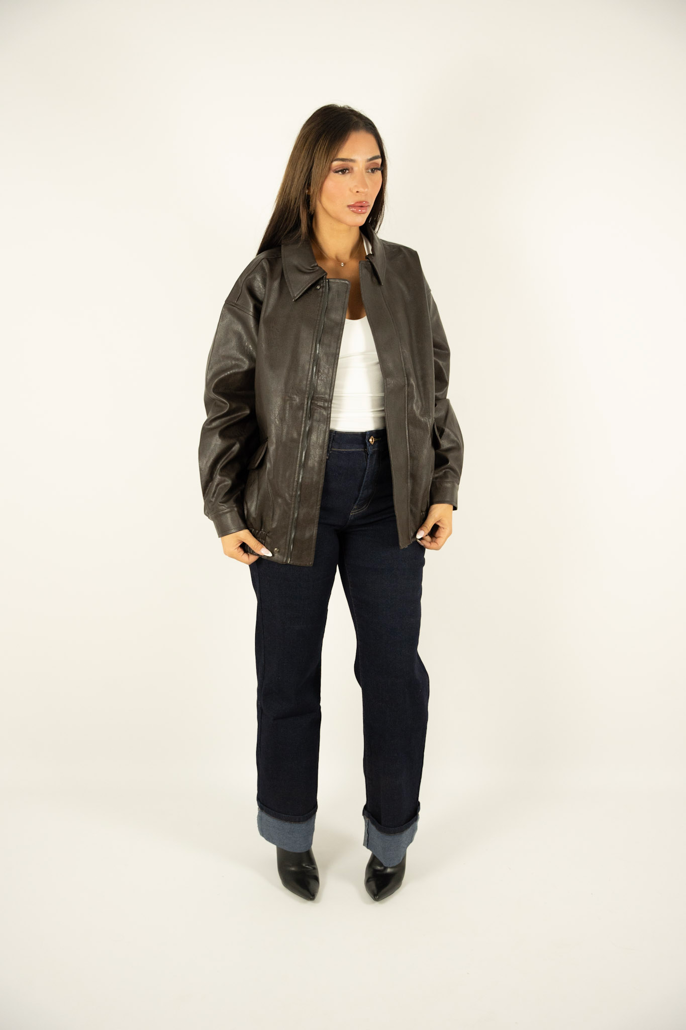Bombers chocolat effet cuir – Coupe droite