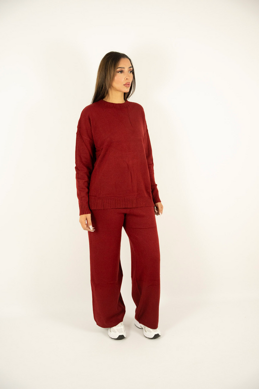 Ensemble en maille bordeaux – Pull & Pantalon large